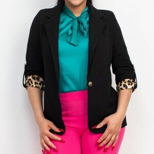 Women's One Button Blazer with leopard print - Black